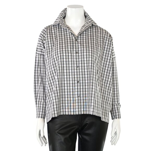 Eskandar Plaid Cotton Box-Cut Button Up Blouse in Black/Brown Multi sz 0
